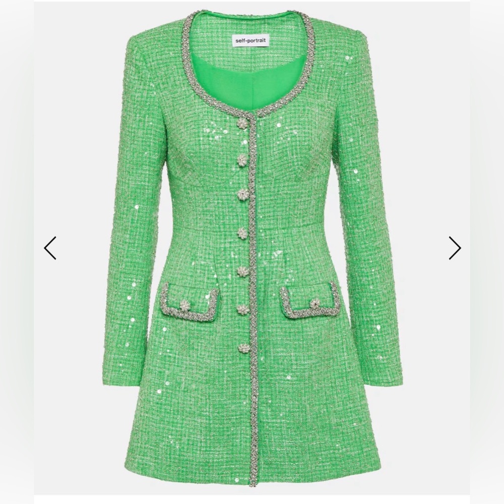 Self-Portrait Green Tweed Sequin-Appliqué Long Jacket Dress
